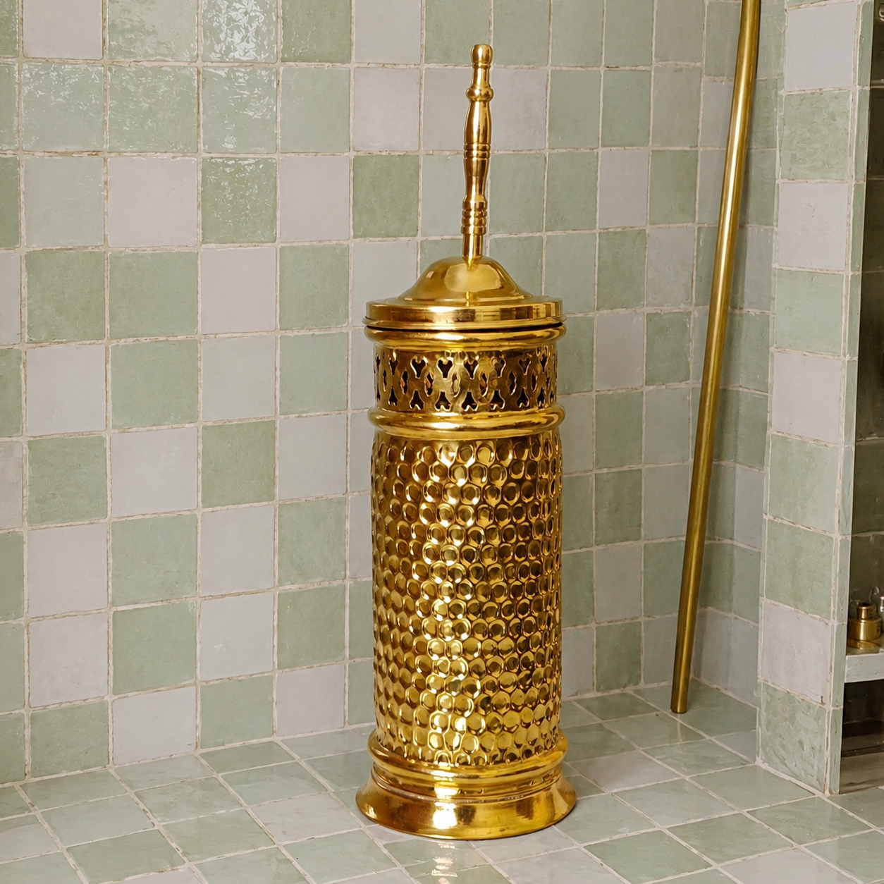 Handmade unlacquered solid brass toilet brush and holder with decorative Moroccan detailing and a living brass finish.