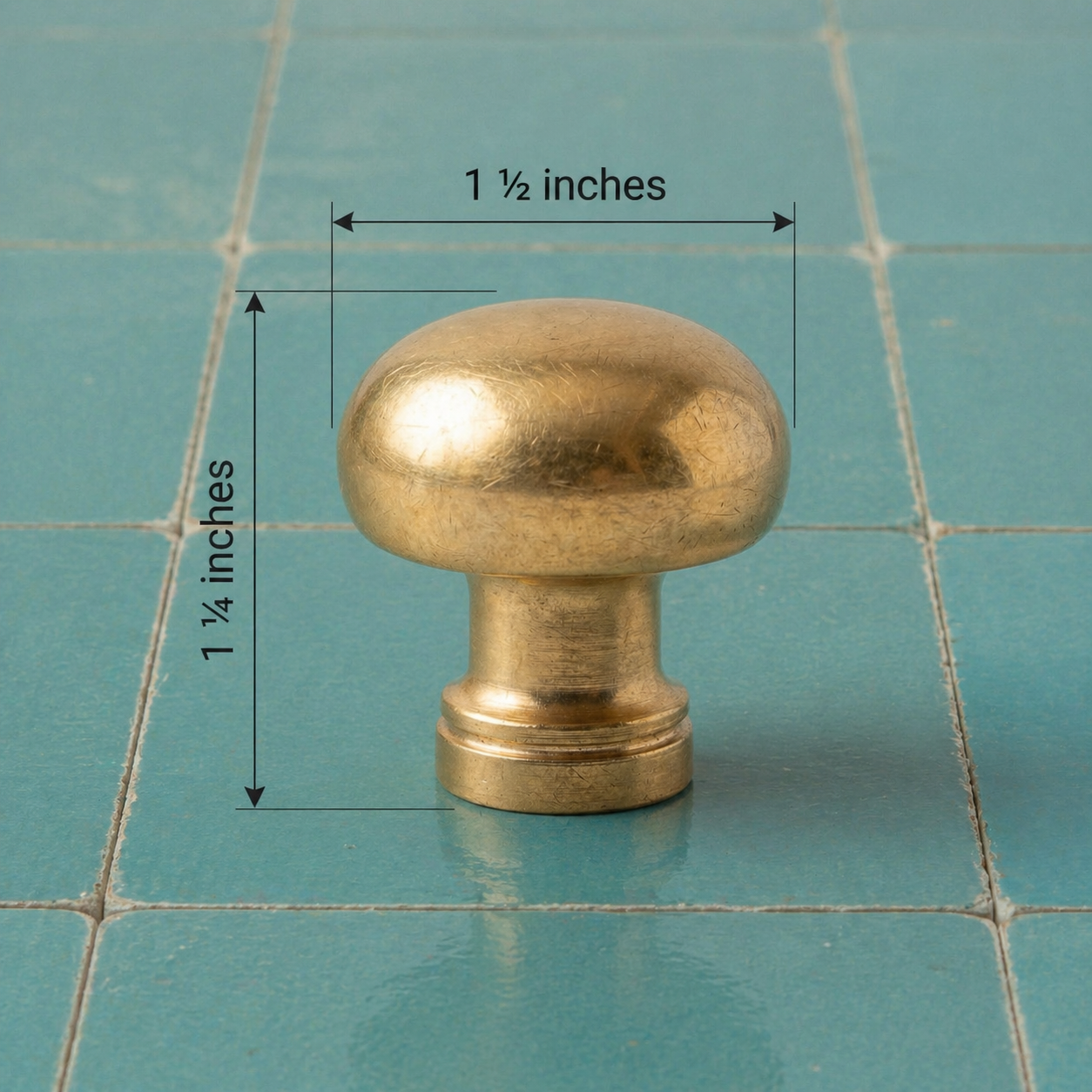 A round metallic cabinet knob in a brushed brass or gold finish, shown on a teal tiled background with dimension lines indicating a height of 1 3/4 inches and a diameter of 1 1/2 inches.