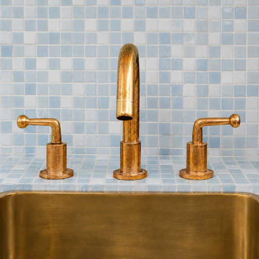 Solid Unlacquered Brass Widespread Bathroom Faucet, 3-Hole Deck-Mounted Vanity Set