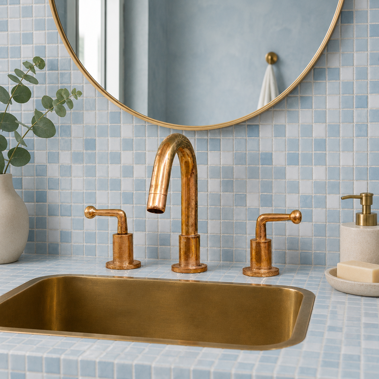 Solid Unlacquered Brass Widespread Bathroom Faucet, 3-Hole Deck-Mounted Vanity Set