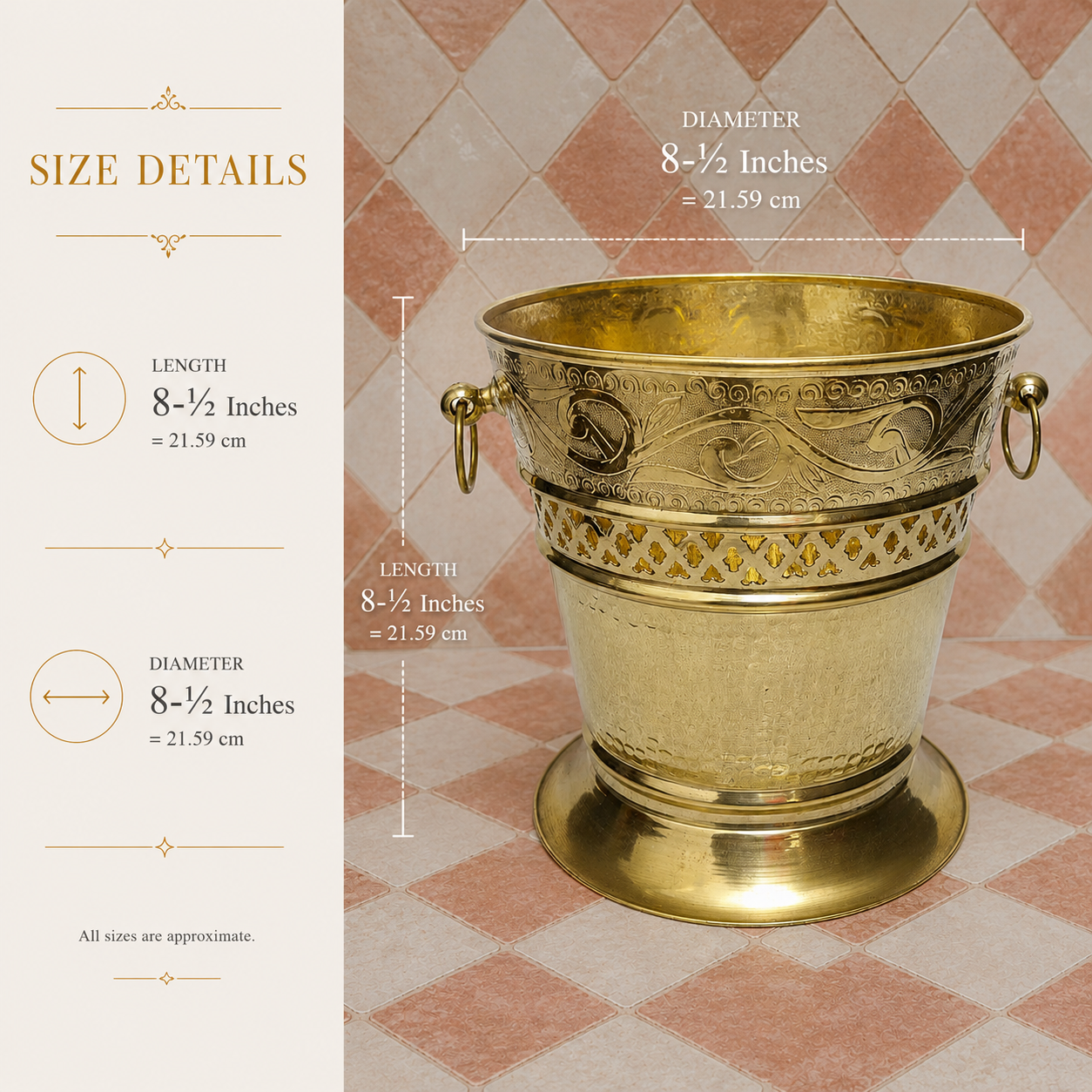 Handmade unlacquered solid brass Moroccan wastebasket with engraved decorative details and side ring handles.