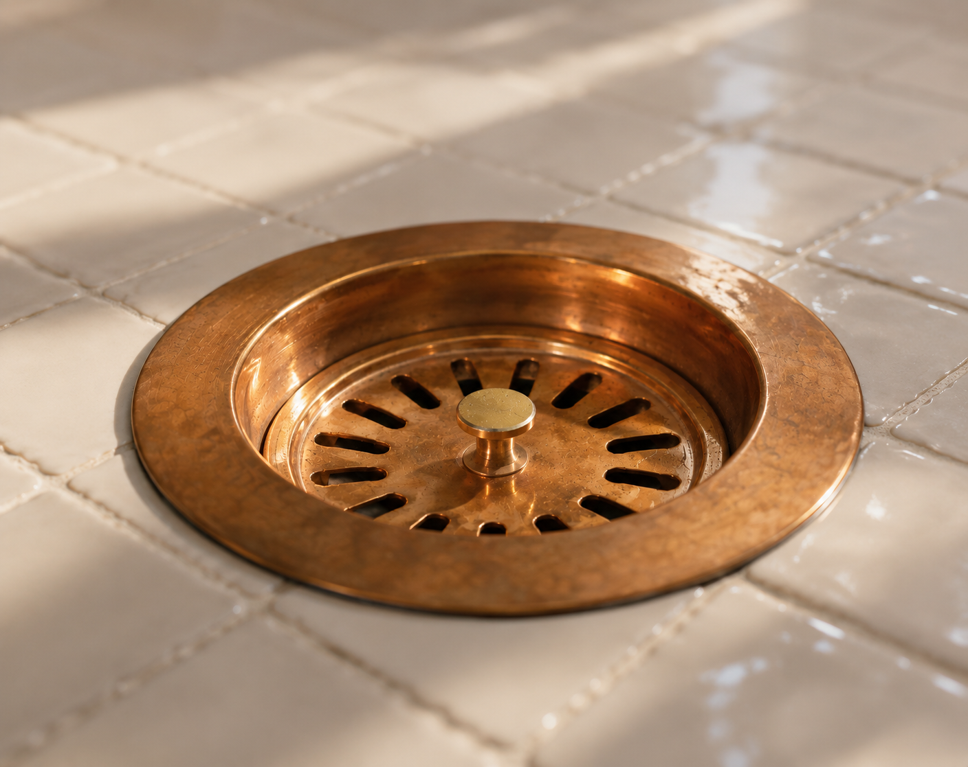 Handmade solid copper kitchen sink strainer basket drain assembly with removable basket for farmhouse and copper kitchen sinks.