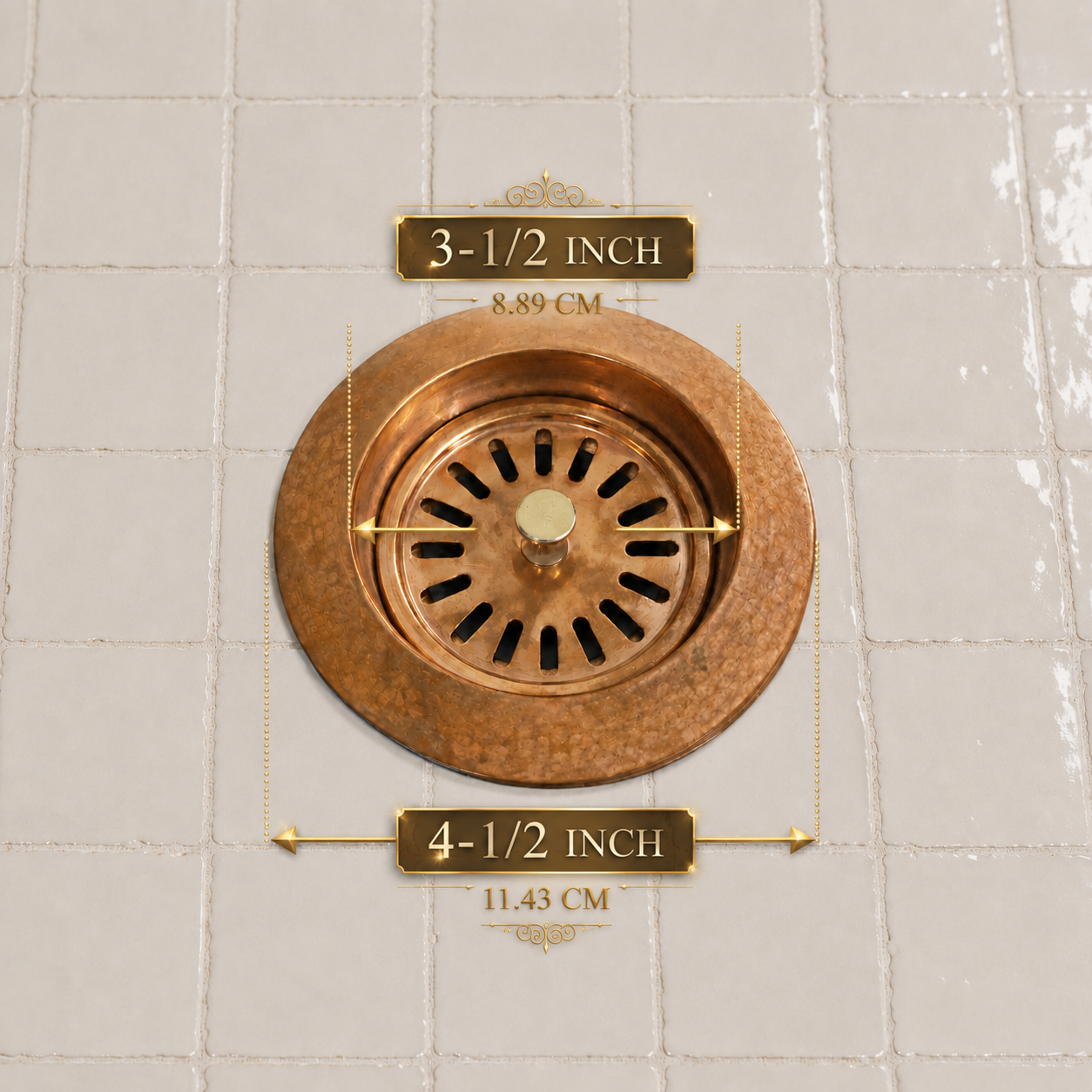 Handmade solid copper kitchen sink strainer basket drain assembly with removable basket for farmhouse and copper kitchen sinks.