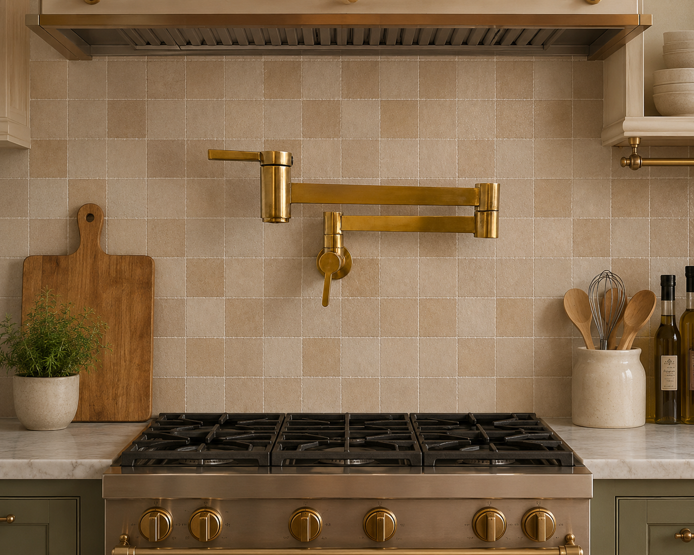 Modern handmade unlacquered solid brass wall-mounted pot filler faucet with dual swing arms and minimalist design for luxury kitchens.