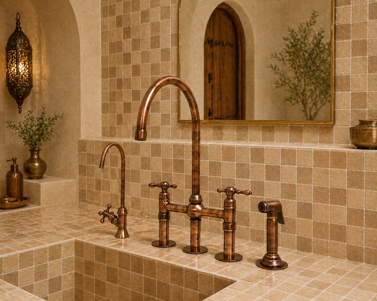 Moroccan Aged Copper Bridge Kitchen Faucet with Side Sprayer