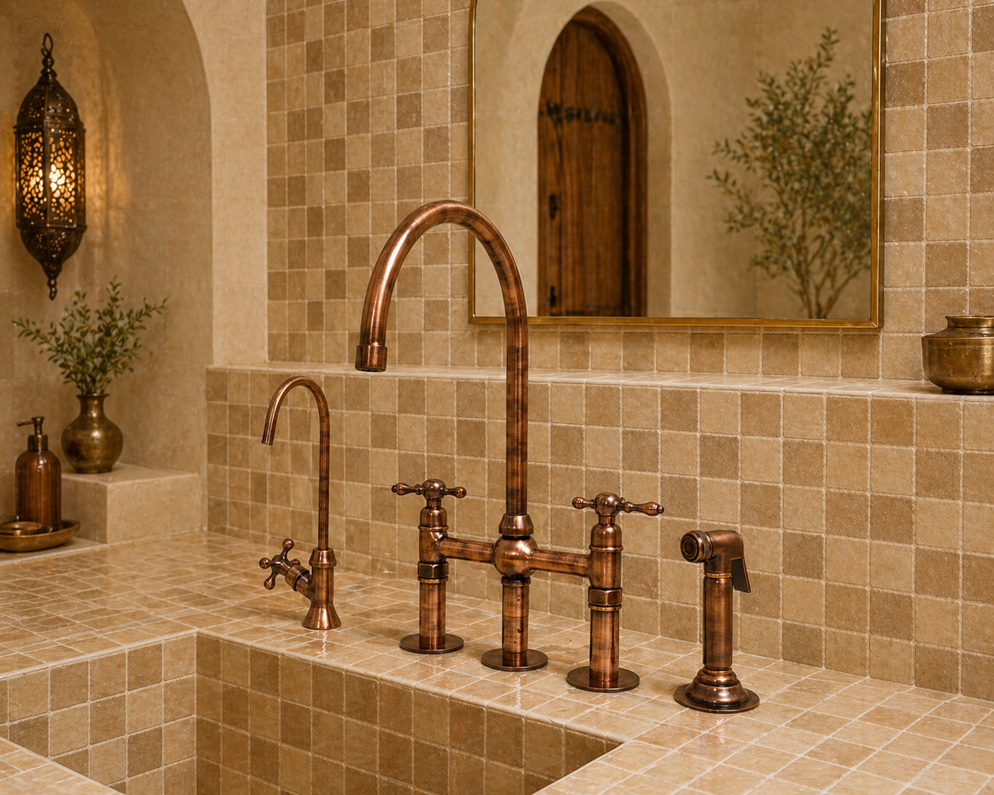 Moroccan aged copper bridge kitchen faucet with high-arc spout and handheld side sprayer