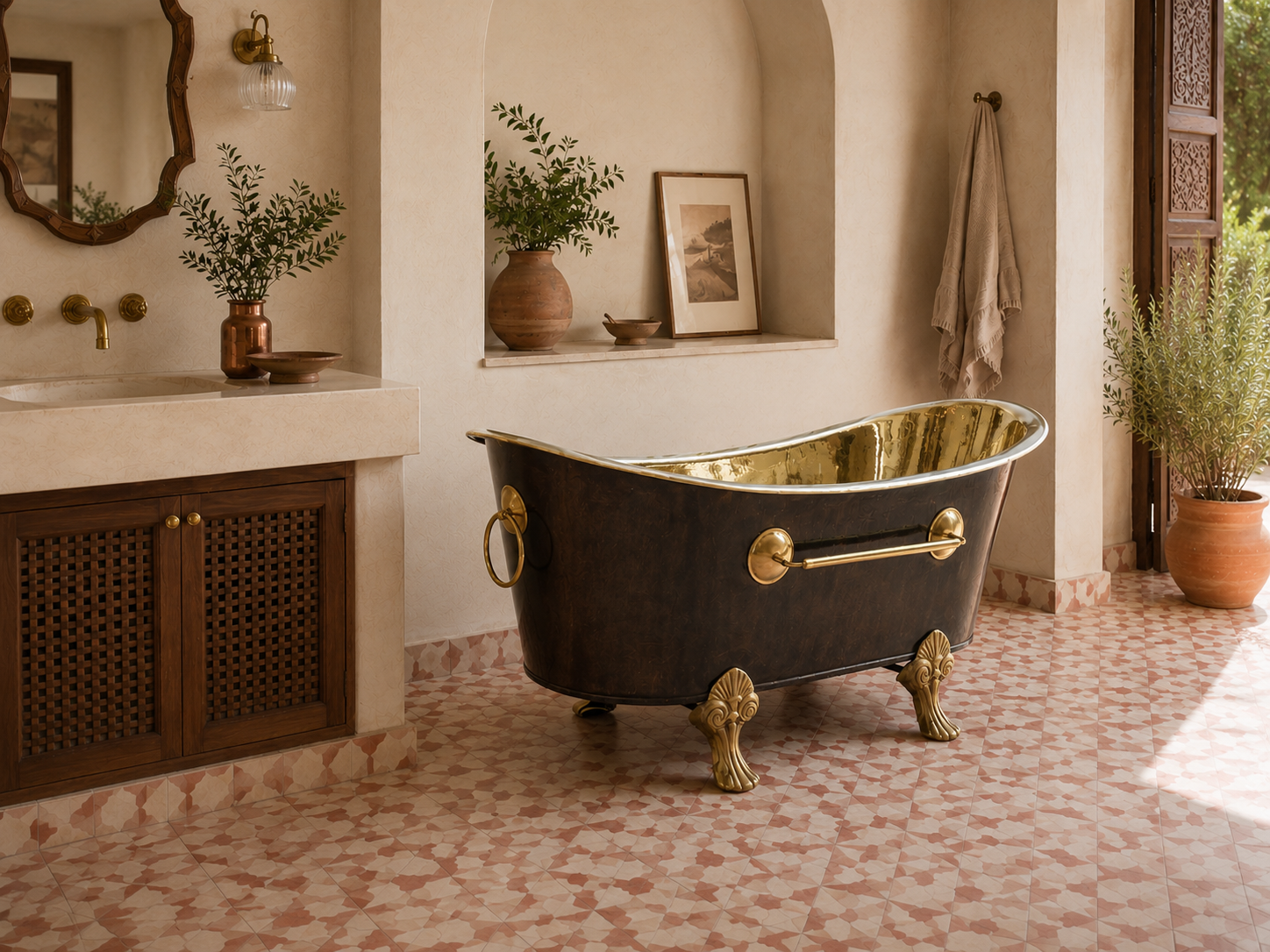 Handmade Moroccan black brass freestanding bathtub with polished brass interior and decorative claw feet