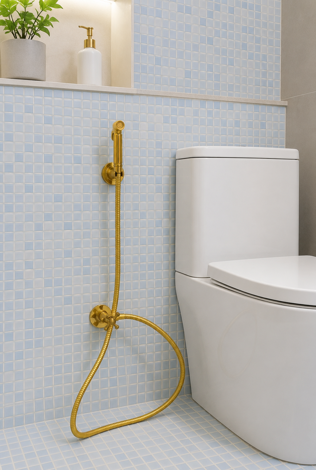 Handmade solid brass wall-mounted handheld bidet sprayer with flexible brass hose and integrated shut-off valve.