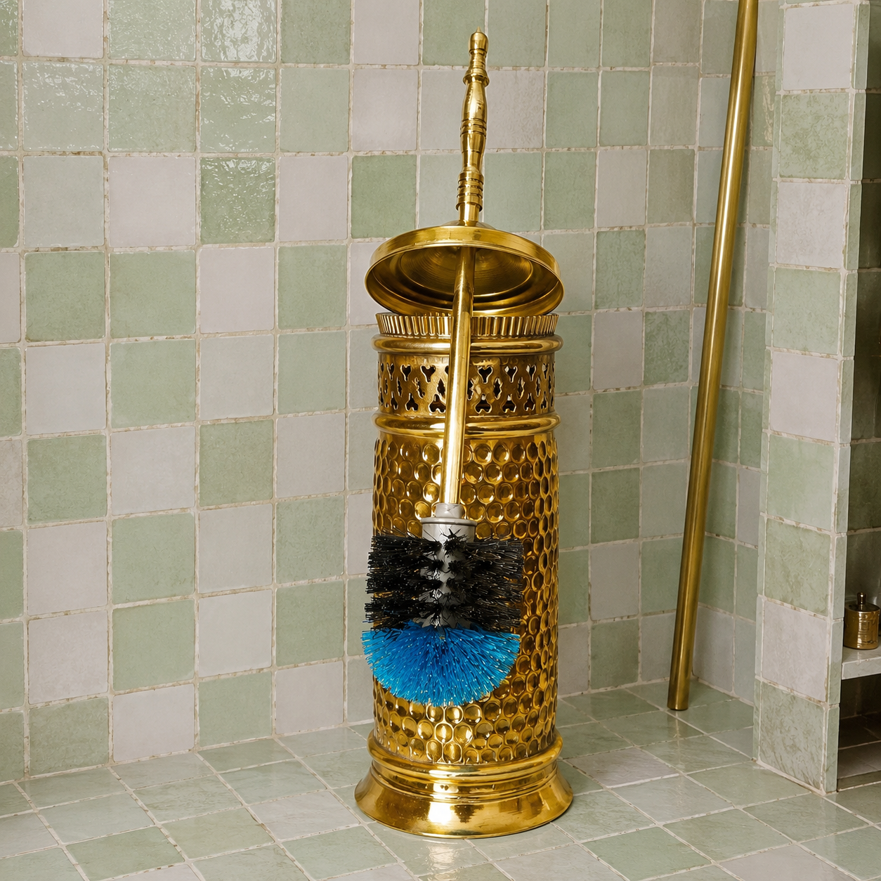 Handmade unlacquered solid brass toilet brush and holder with decorative Moroccan detailing and a living brass finish.
