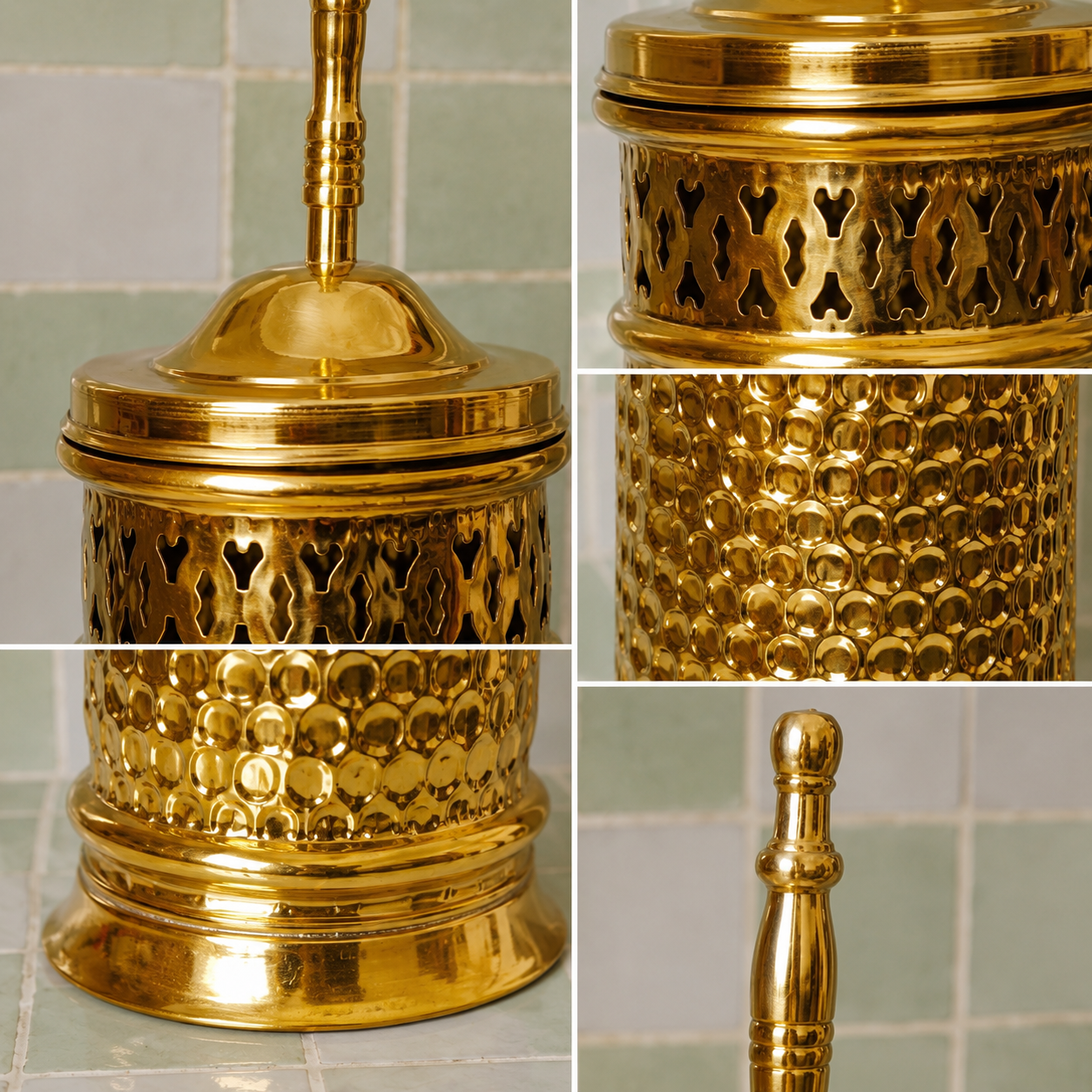 Handmade unlacquered solid brass toilet brush and holder with decorative Moroccan detailing and a living brass finish.