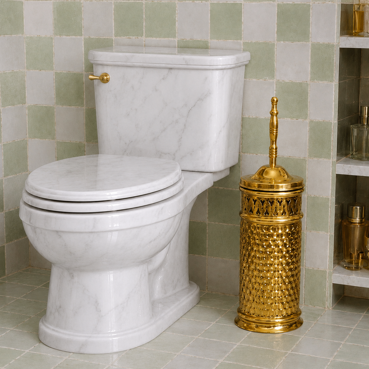 Handmade unlacquered solid brass toilet brush and holder with decorative Moroccan detailing and a living brass finish.