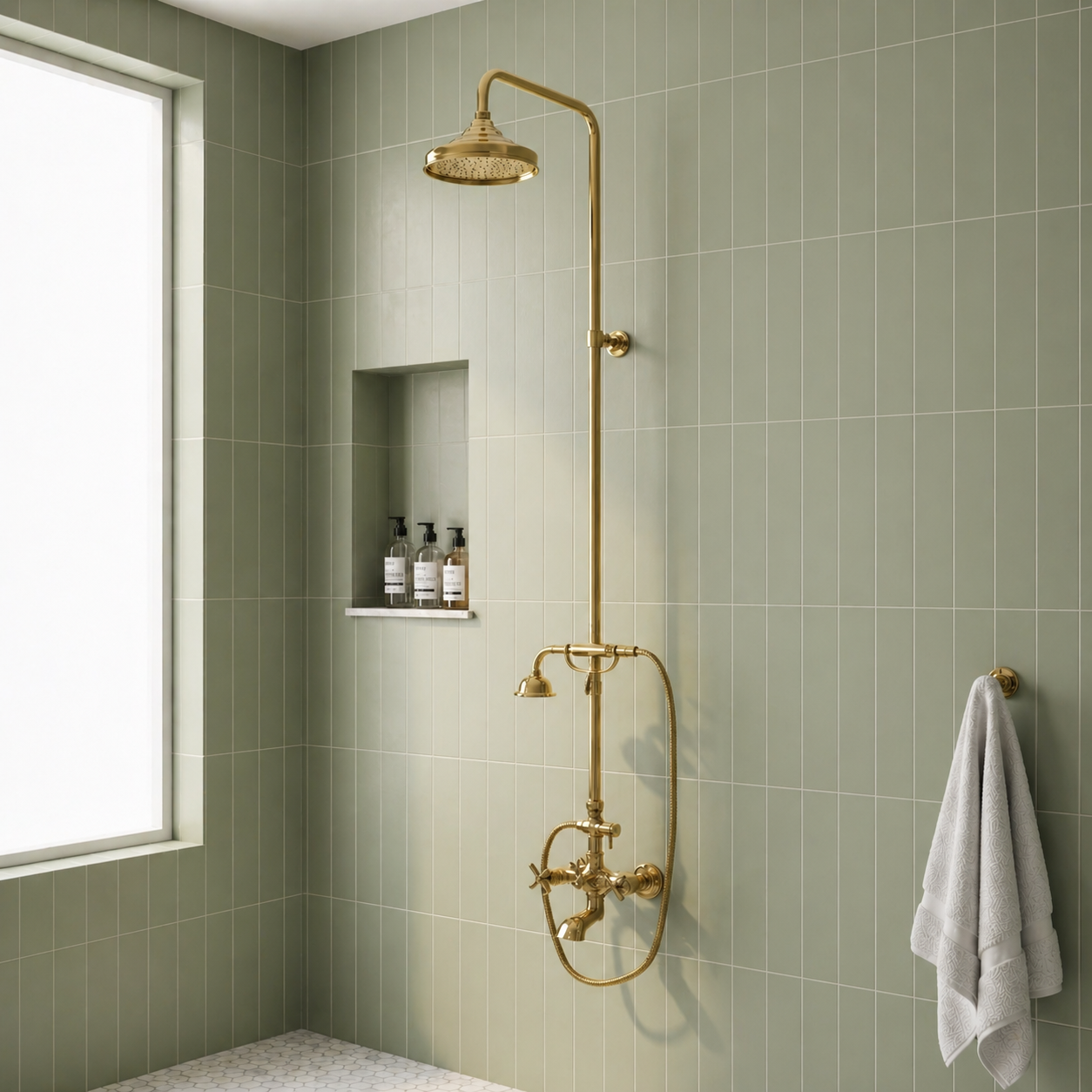 Handcrafted unlacquered antique brass exposed shower system featuring rainfall shower head, handheld shower, cross handles, and integrated tub faucet in a luxury modern bathroom