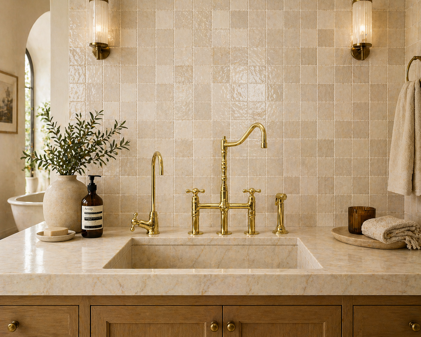 Unlacquered brass bridge kitchen faucet with cross handles, side sprayer and matching cold-water faucet