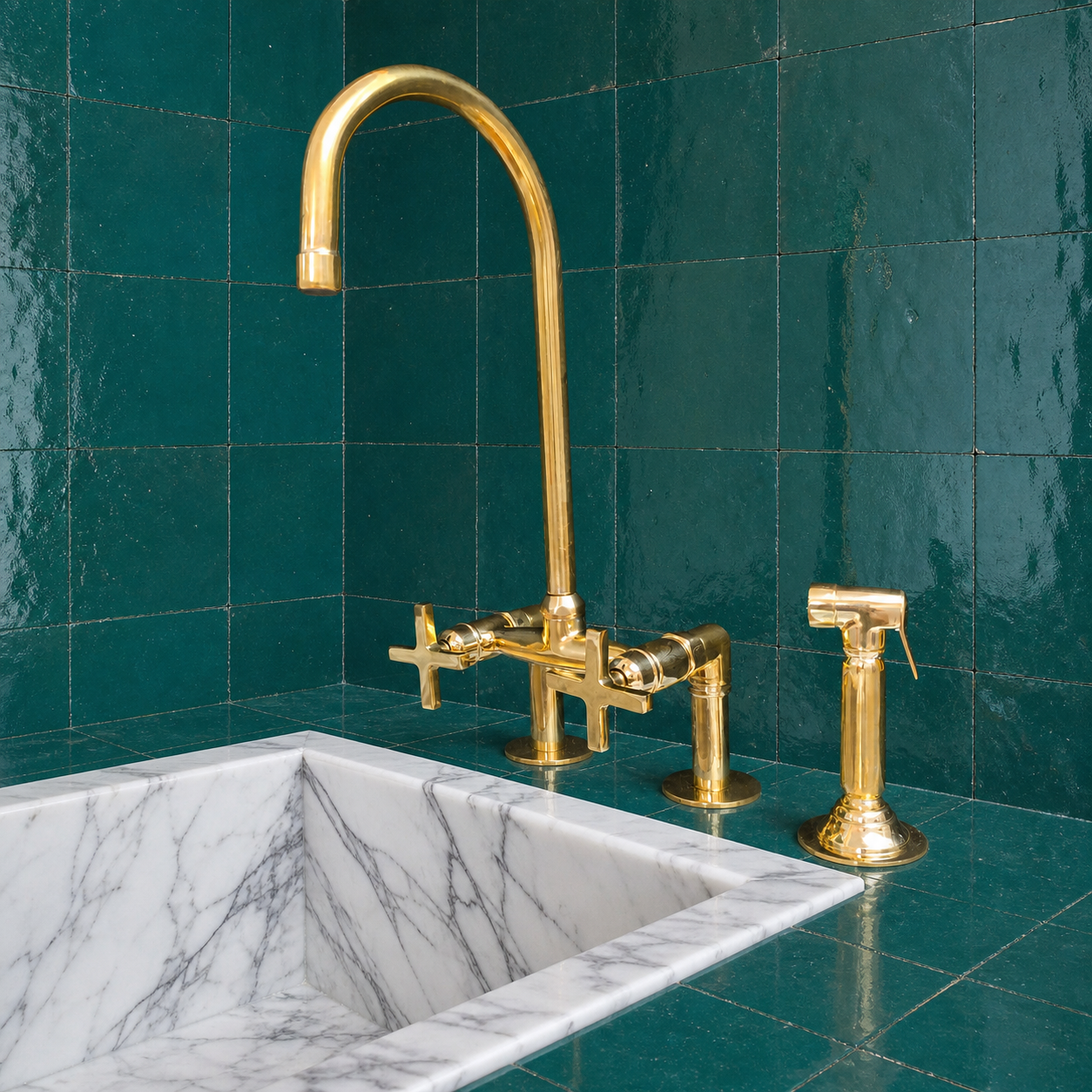 Unlacquered brass bridge kitchen faucet with cross handles, tall gooseneck spout and handheld side sprayer