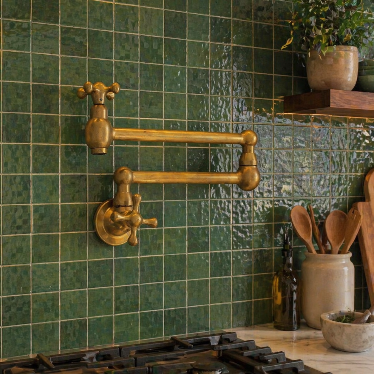 Handmade unlacquered solid brass wall-mounted pot filler faucet with dual swing arms and cross handles installed above a kitchen stove.