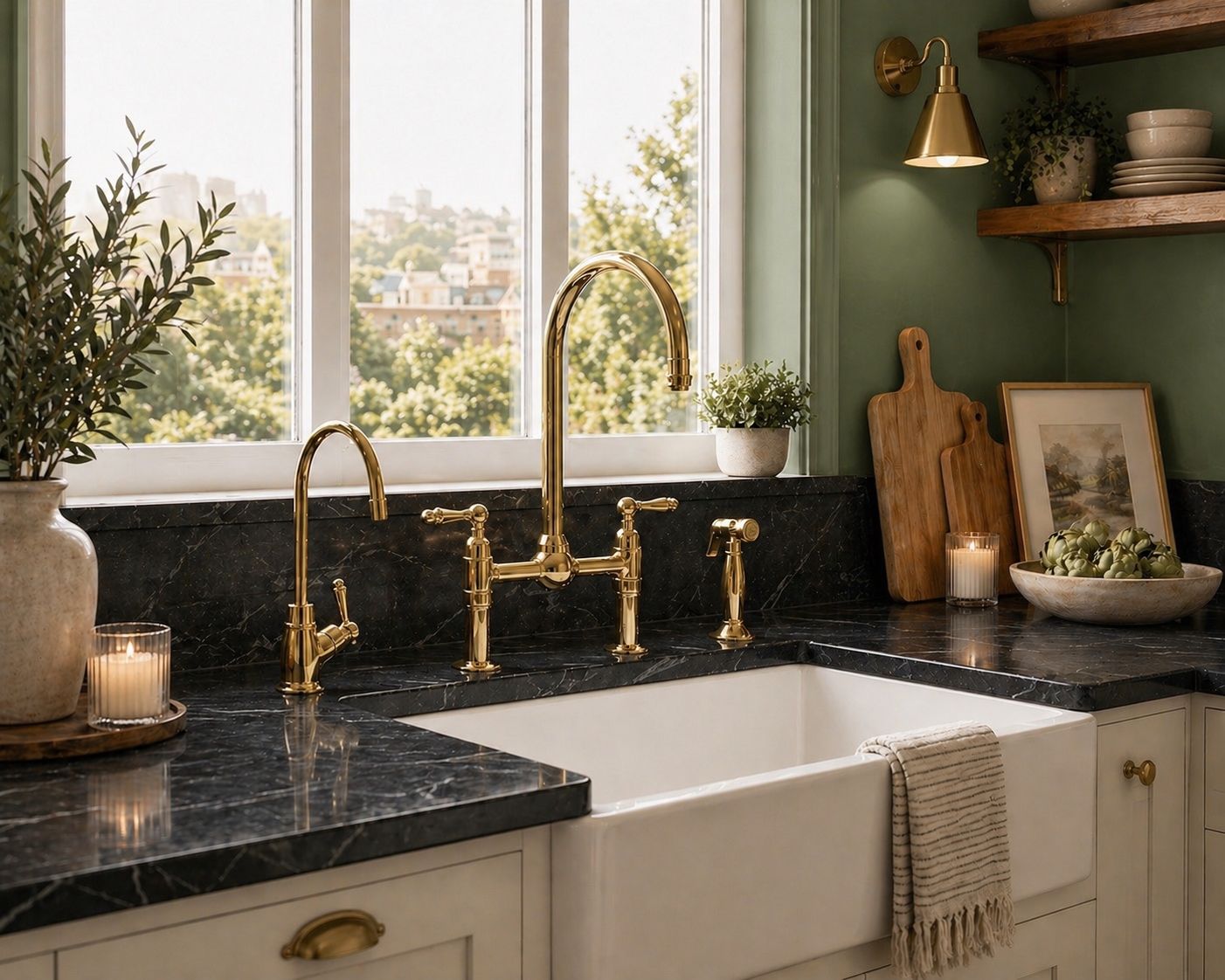 Handmade unlacquered brass bridge kitchen faucet in a luxury kitchen
