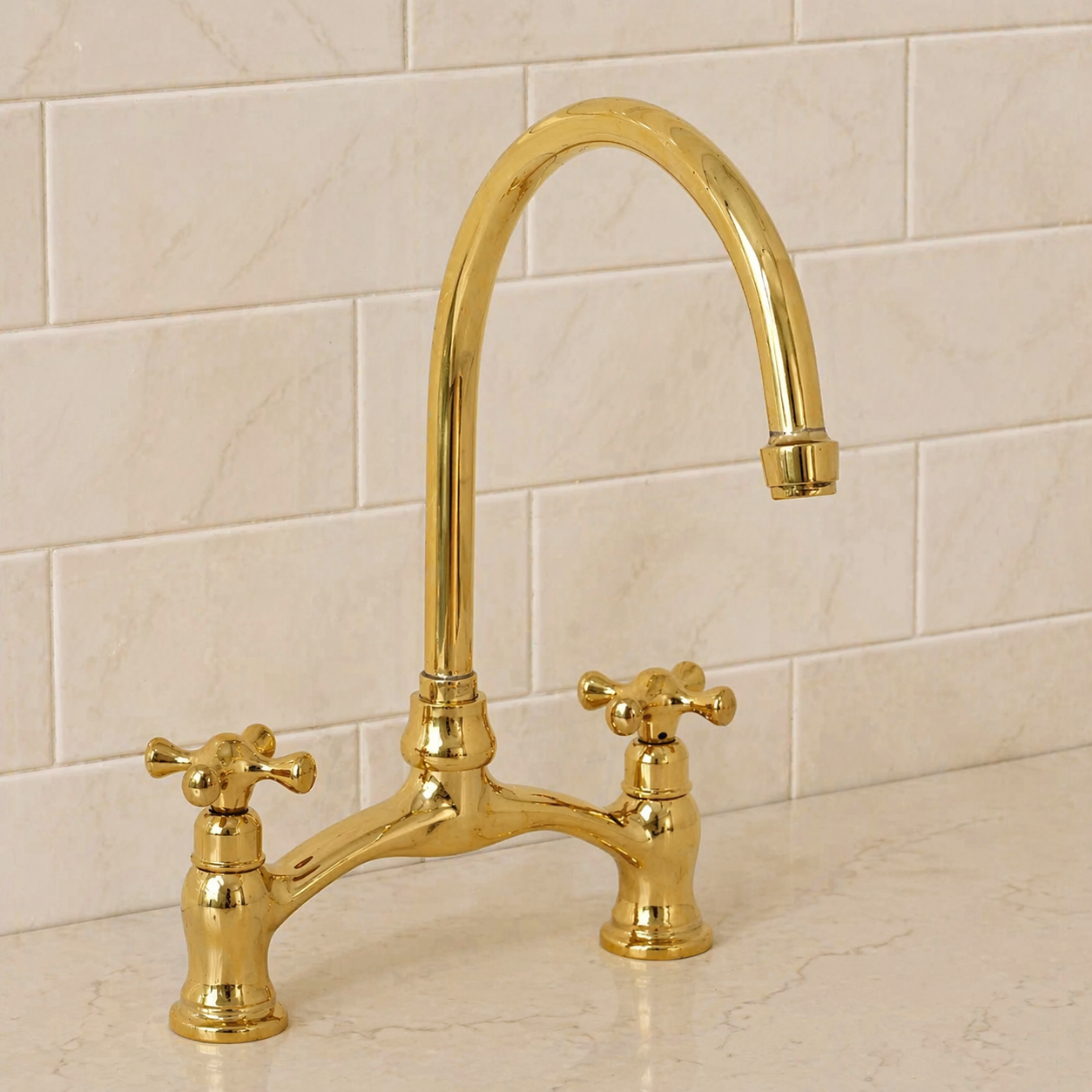 Verdeau unlacquered brass bridge kitchen faucet with cross handles and high-arc gooseneck spout