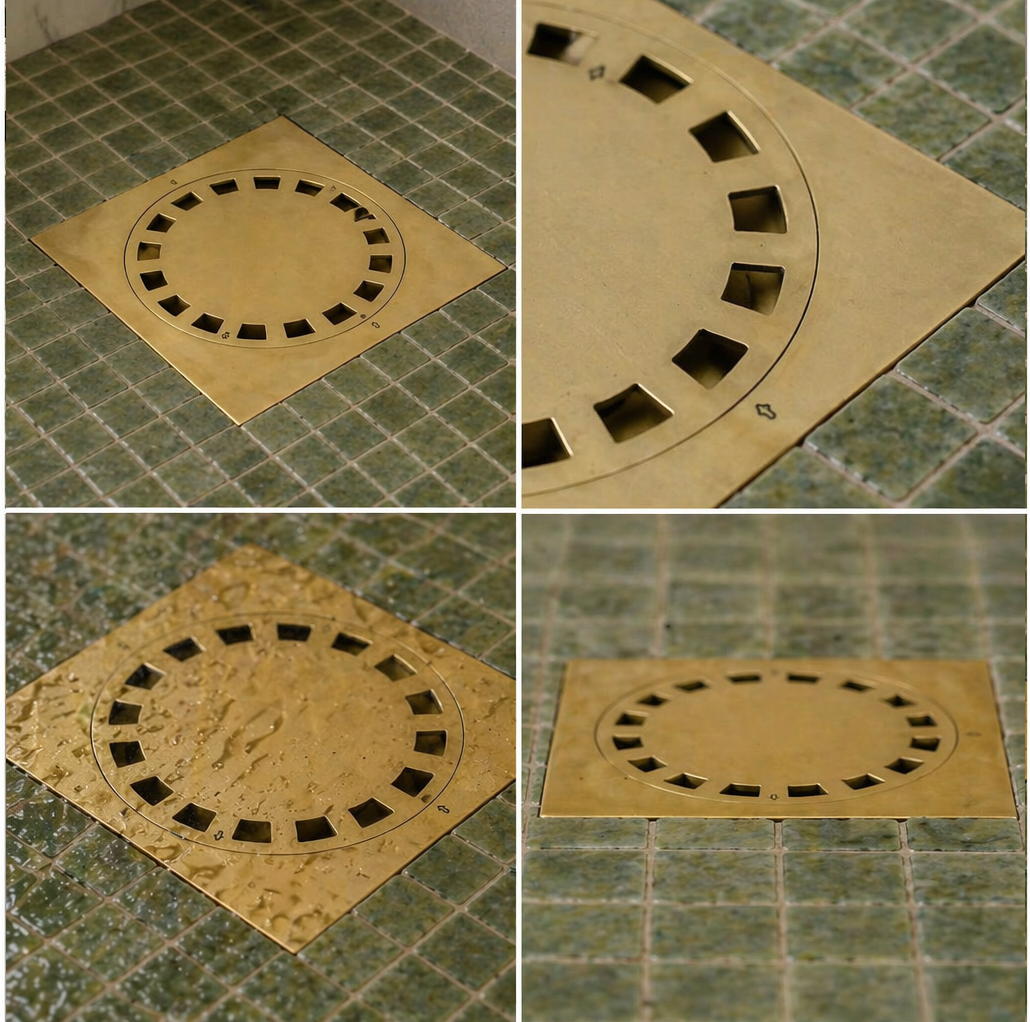 Handmade solid brass square shower floor drain with an unlacquered finish installed in a tiled shower floor.